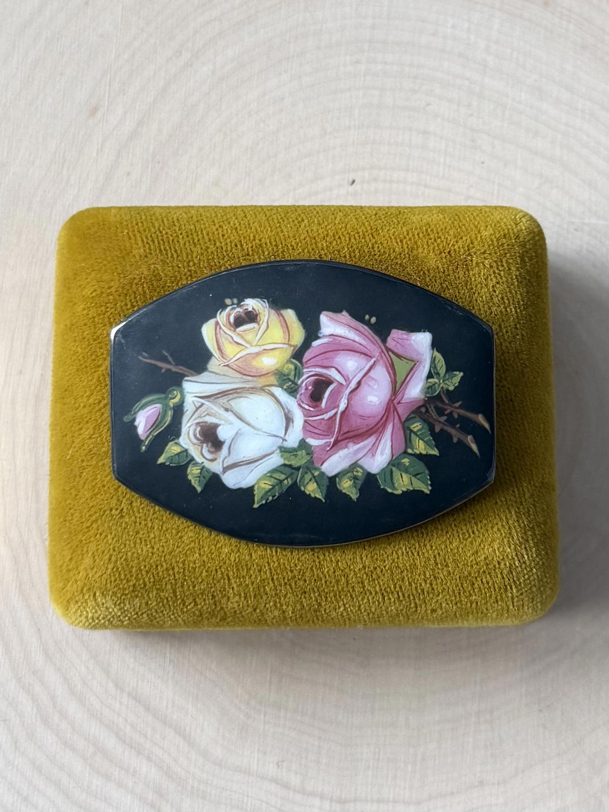 Antique Hand Painted Floral Pink, White, & Yellow Rose 800 Silver Brooch C-Clasp