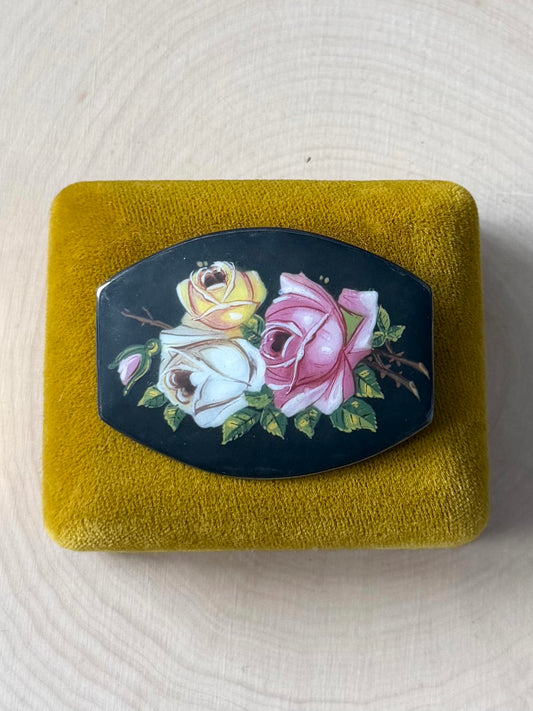 Antique Hand Painted Floral Pink, White, & Yellow Rose 800 Silver Brooch C-Clasp