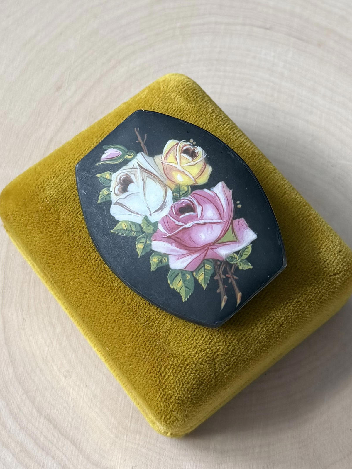 Antique Hand Painted Floral Pink, White, & Yellow Rose 800 Silver Brooch C-Clasp