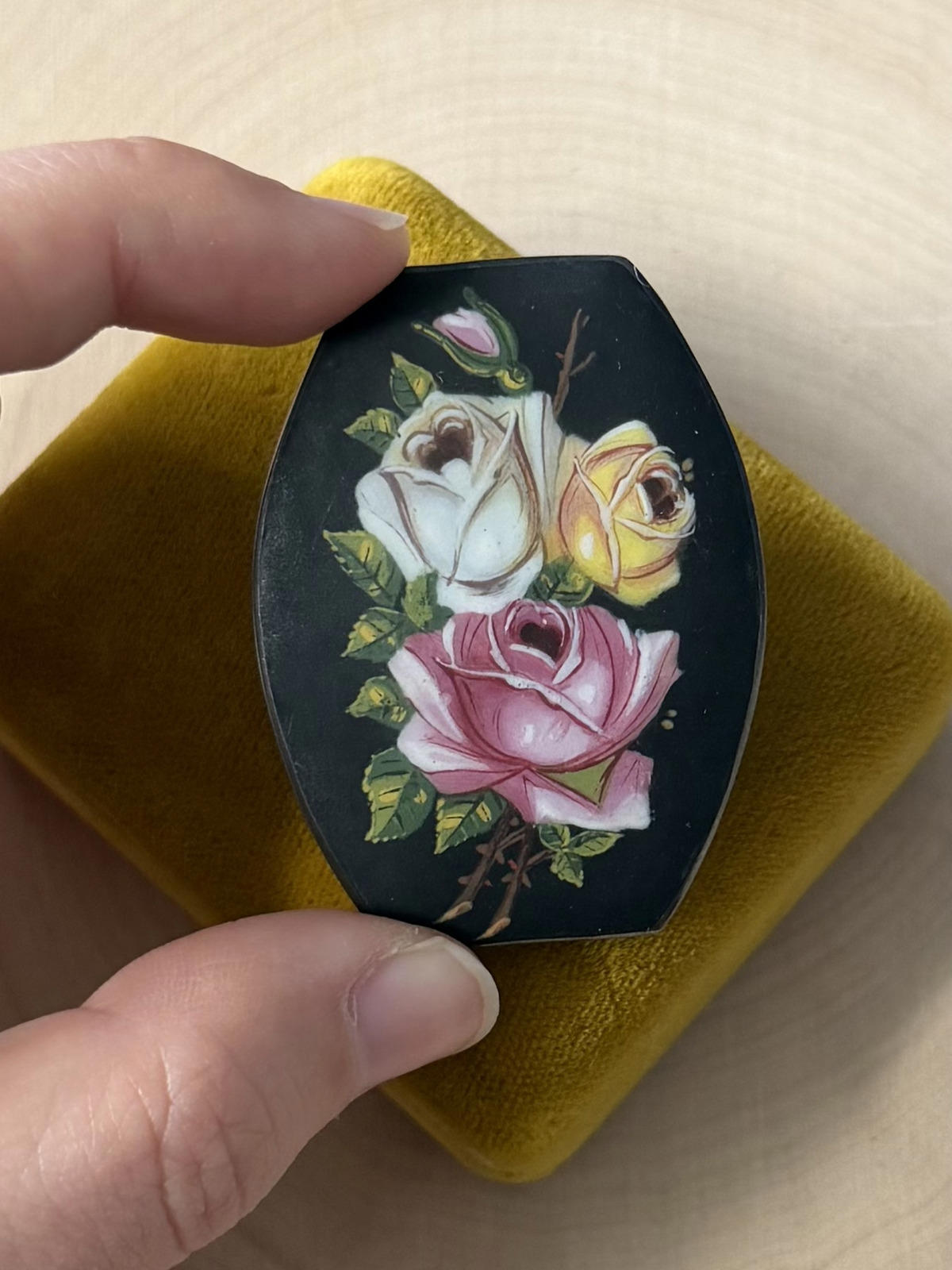 Antique Hand Painted Floral Pink, White, & Yellow Rose 800 Silver Brooch C-Clasp