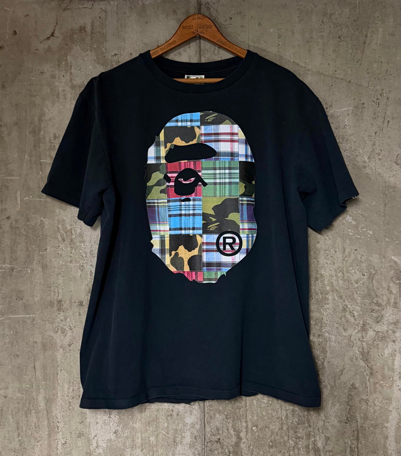 A Bathing Ape BAPE Printed Patchwork Big Ape Head Camo Plaid Single Stitch Tee
