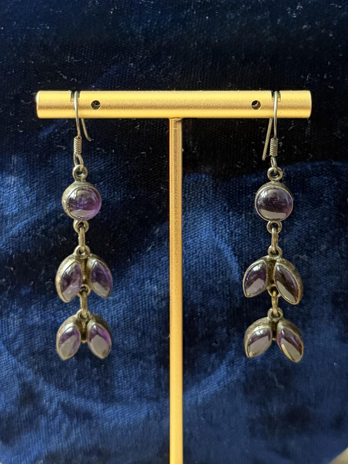 Vintage Sterling Silver & Genuine Amethyst Cabochon Purple Dangle Drop Earrings