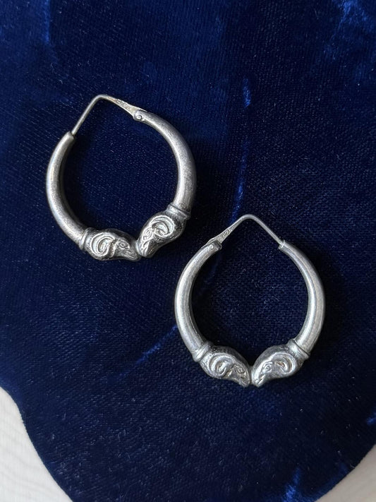 1970s Sterling Silver Double Ram Head Aries Hoop Earrings