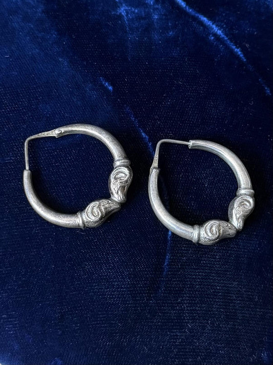 1970s Sterling Silver Double Ram Head Aries Hoop Earrings