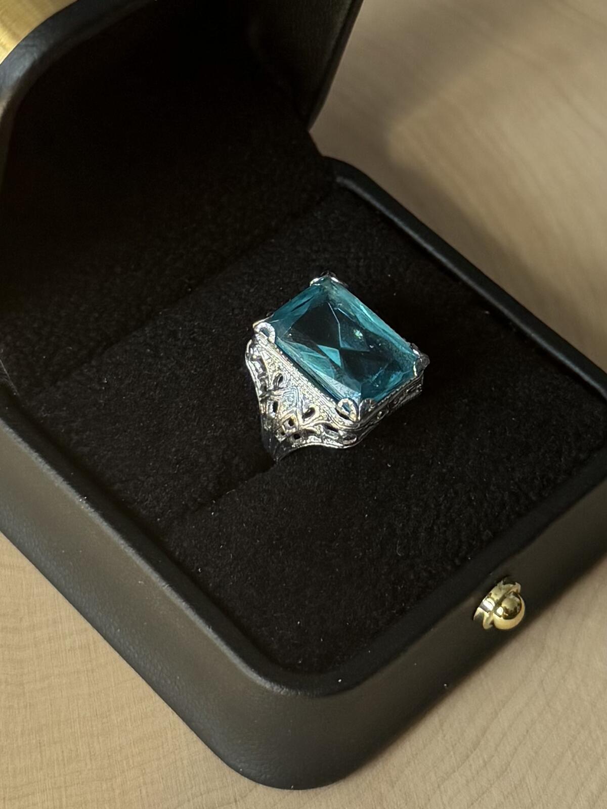 1930s Art Deco Signed NEMCO Silver Tone Blue Glass Cocktail Ring US 2.75