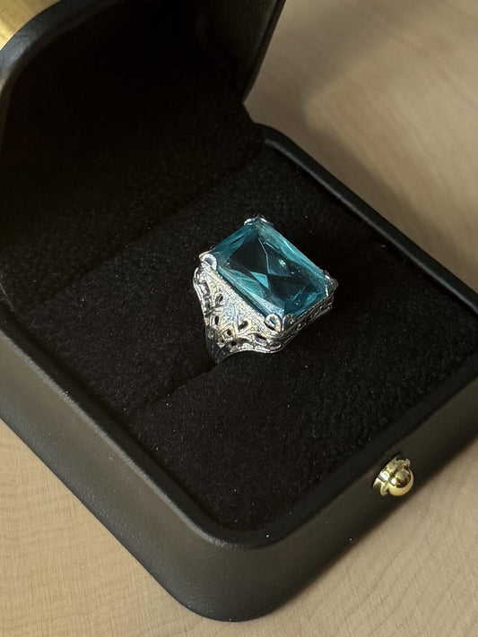 1930s Art Deco Signed NEMCO Silver Tone Blue Glass Cocktail Ring US 2.75