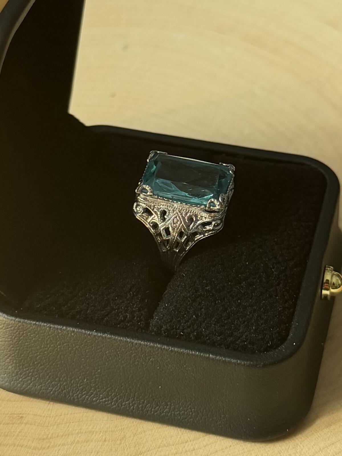 1930s Art Deco Signed NEMCO Silver Tone Blue Glass Cocktail Ring US 2.75