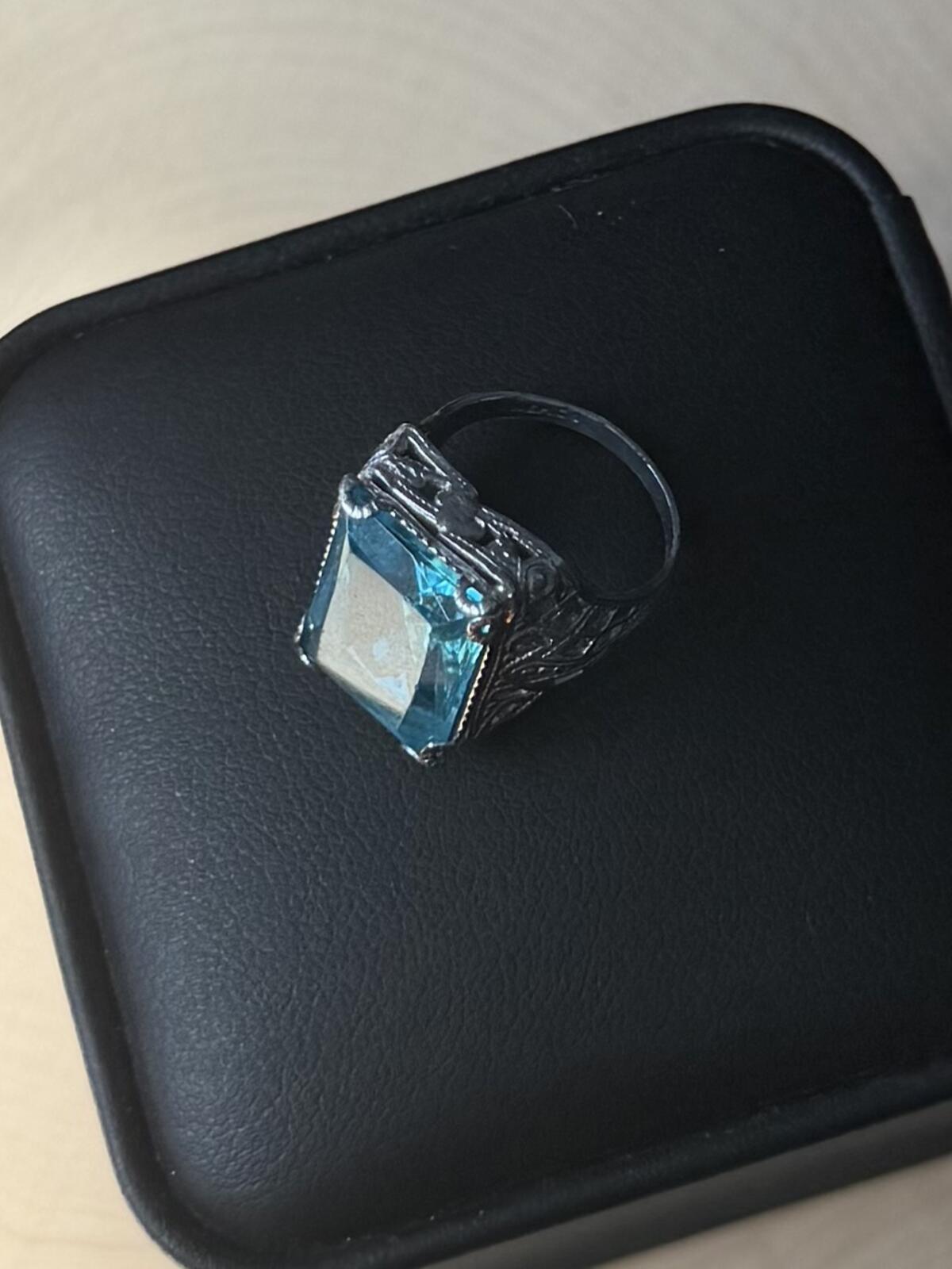 1930s Art Deco Signed NEMCO Silver Tone Blue Glass Cocktail Ring US 2.75