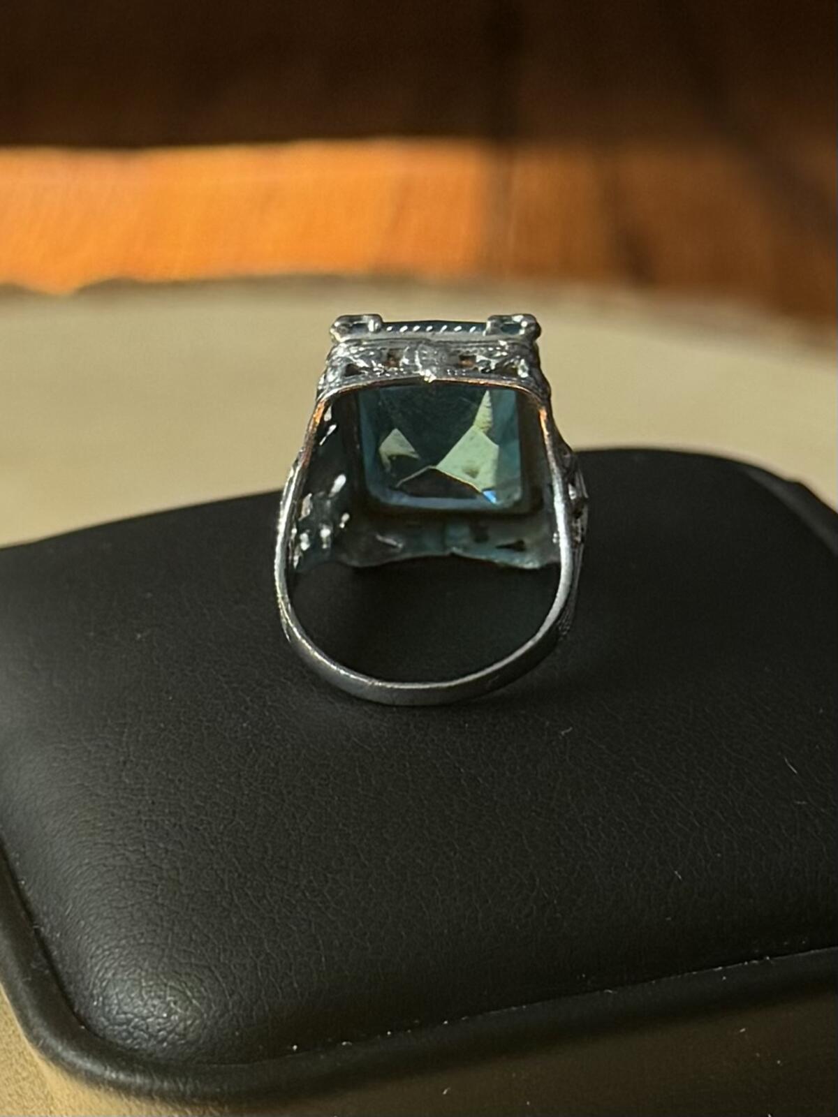 1930s Art Deco Signed NEMCO Silver Tone Blue Glass Cocktail Ring US 2.75