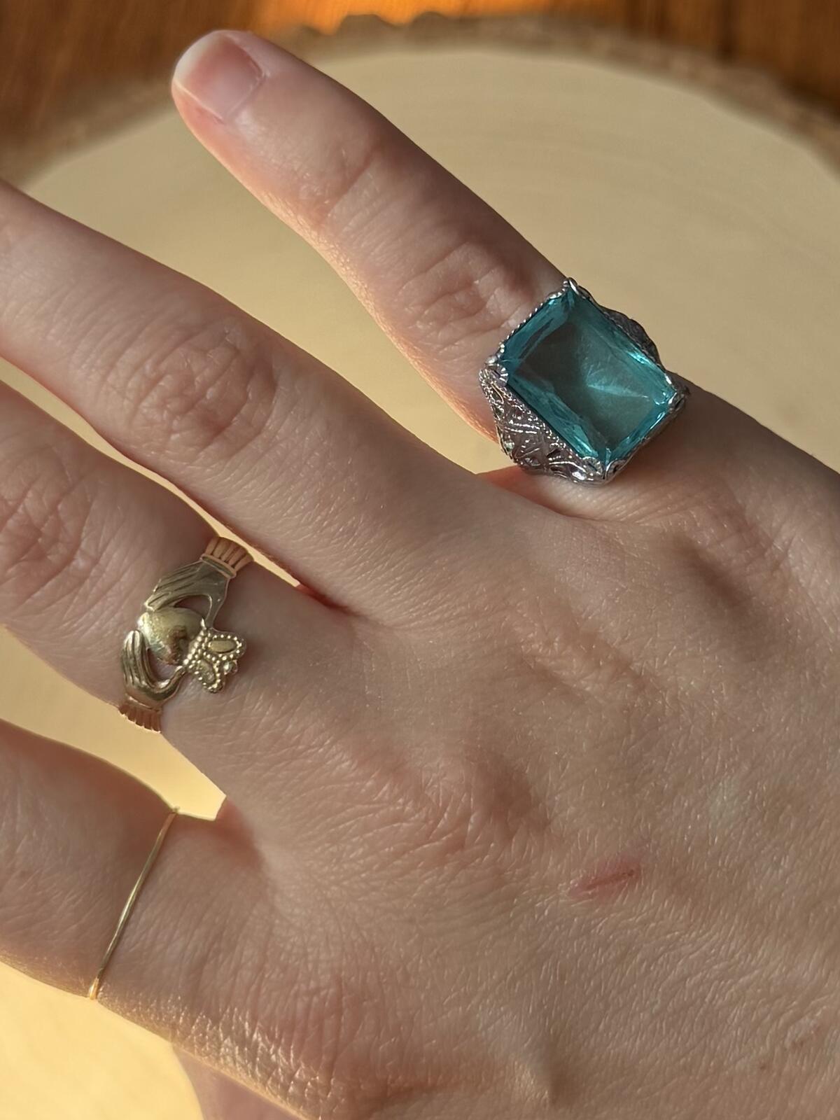 1930s Art Deco Signed NEMCO Silver Tone Blue Glass Cocktail Ring US 2.75