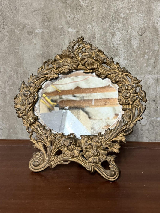 Antique 1900s Art Nouveau Floral Scroll Metal & Beveled Glass Easel Back Mirror