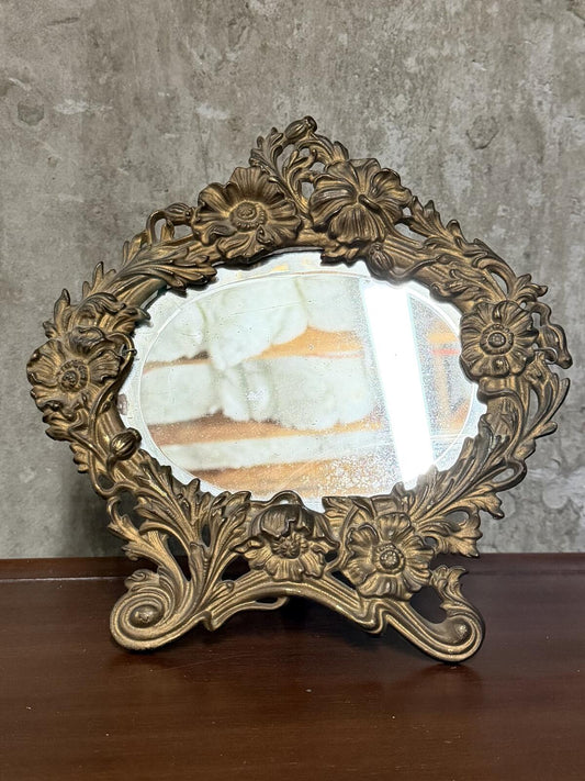 Antique 1900s Art Nouveau Floral Scroll Metal & Beveled Glass Easel Back Mirror