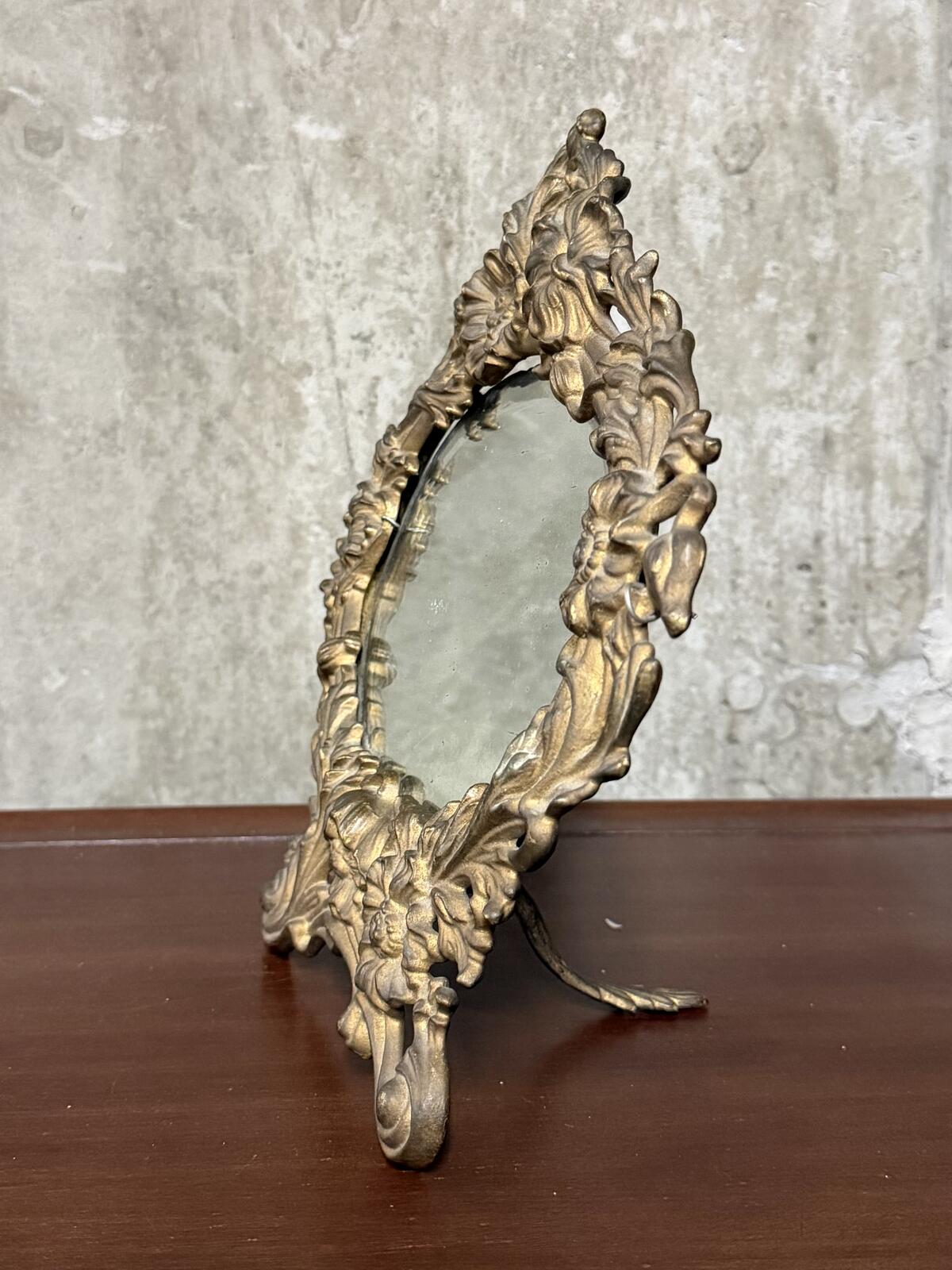 Antique 1900s Art Nouveau Floral Scroll Metal & Beveled Glass Easel Back Mirror