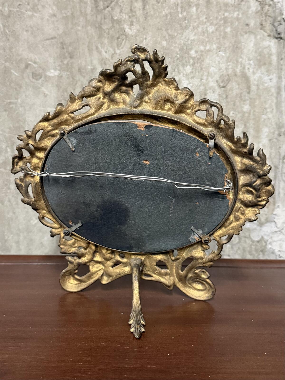 Antique 1900s Art Nouveau Floral Scroll Metal & Beveled Glass Easel Back Mirror