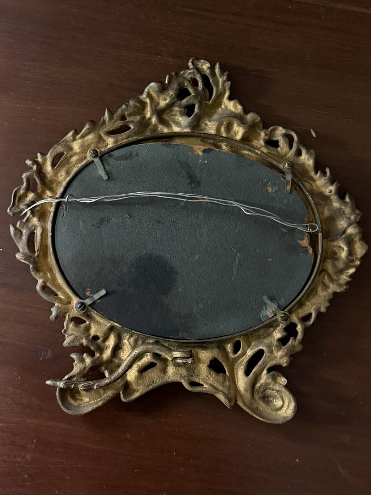 Antique 1900s Art Nouveau Floral Scroll Metal & Beveled Glass Easel Back Mirror