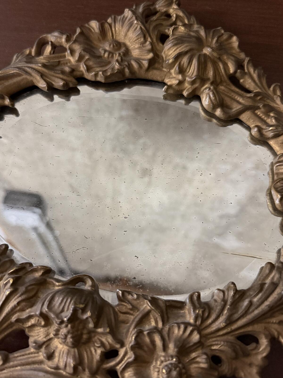 Antique 1900s Art Nouveau Floral Scroll Metal & Beveled Glass Easel Back Mirror