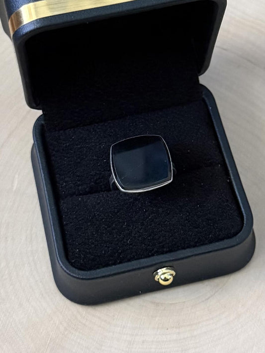 1970s Sterling Silver Bezel Set Flat Black Onyx Rounded Square Ring US 4.5