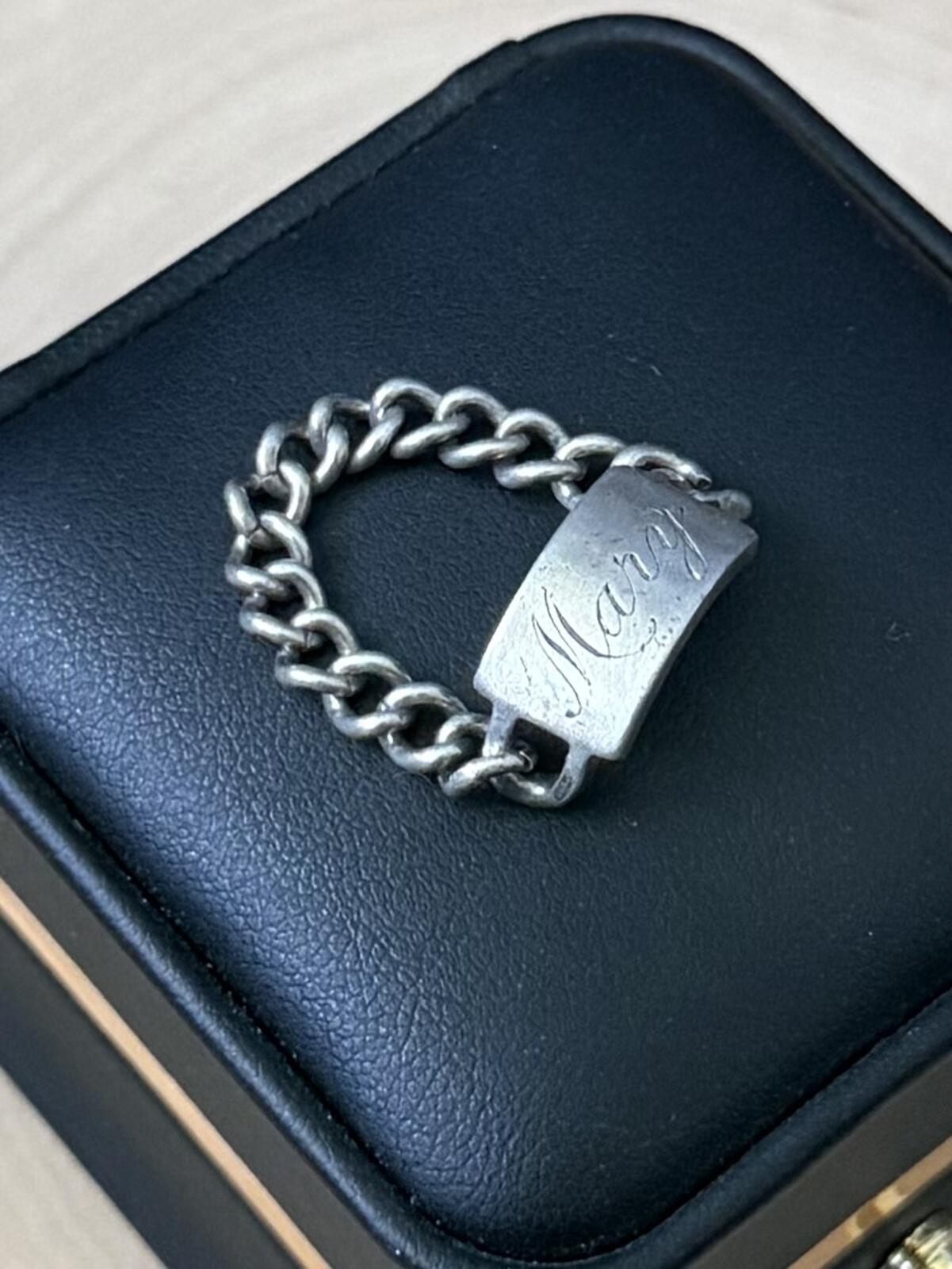 1940s Signed C&C Clark & Coombs Sterling Silver ID Bracelet Style Chain Ring US 7