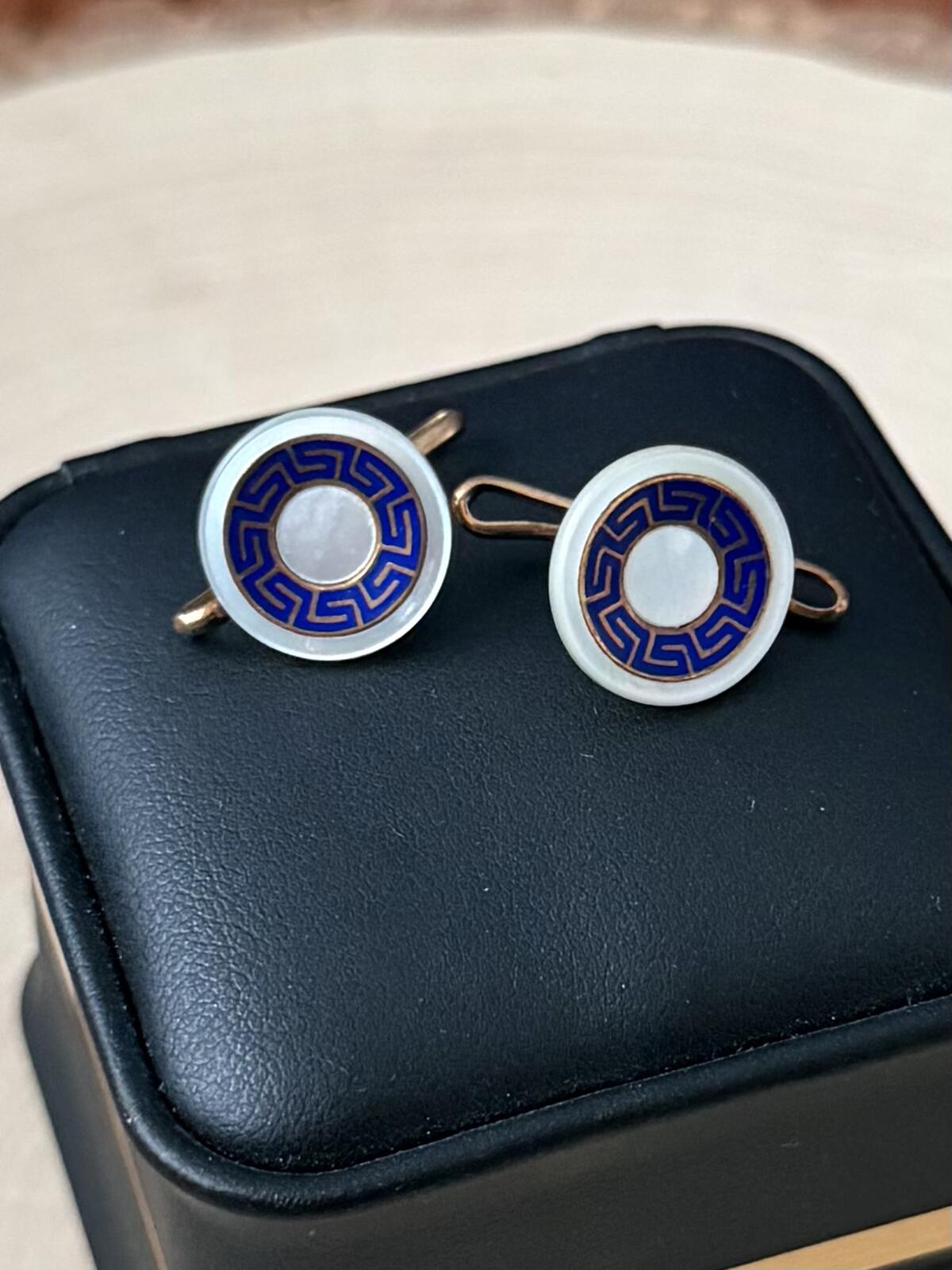 Antique 14K Yellow Gold Blue Enamel Greek Key Round Mother of Pearl Cufflinks