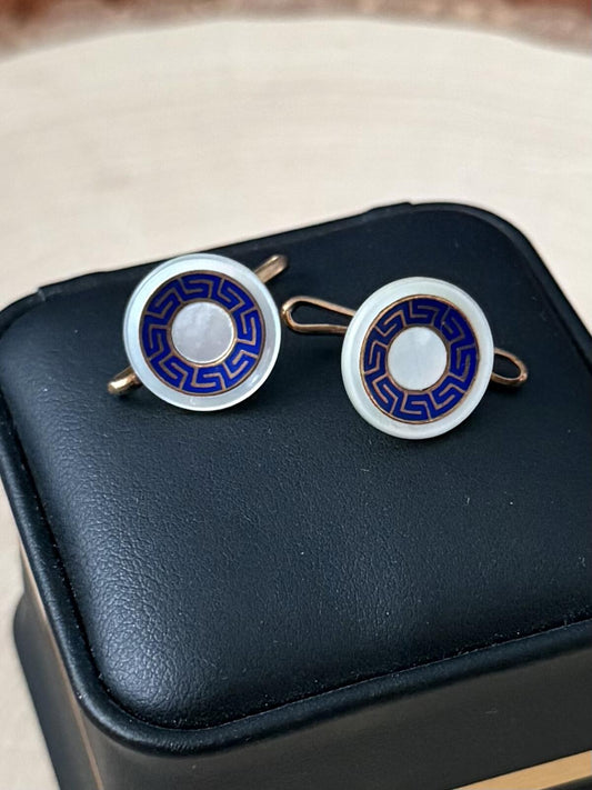 Antique 14K Yellow Gold Blue Enamel Greek Key Round Mother of Pearl Cufflinks