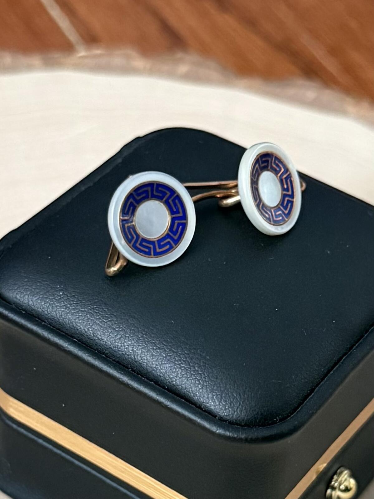 Antique 14K Yellow Gold Blue Enamel Greek Key Round Mother of Pearl Cufflinks