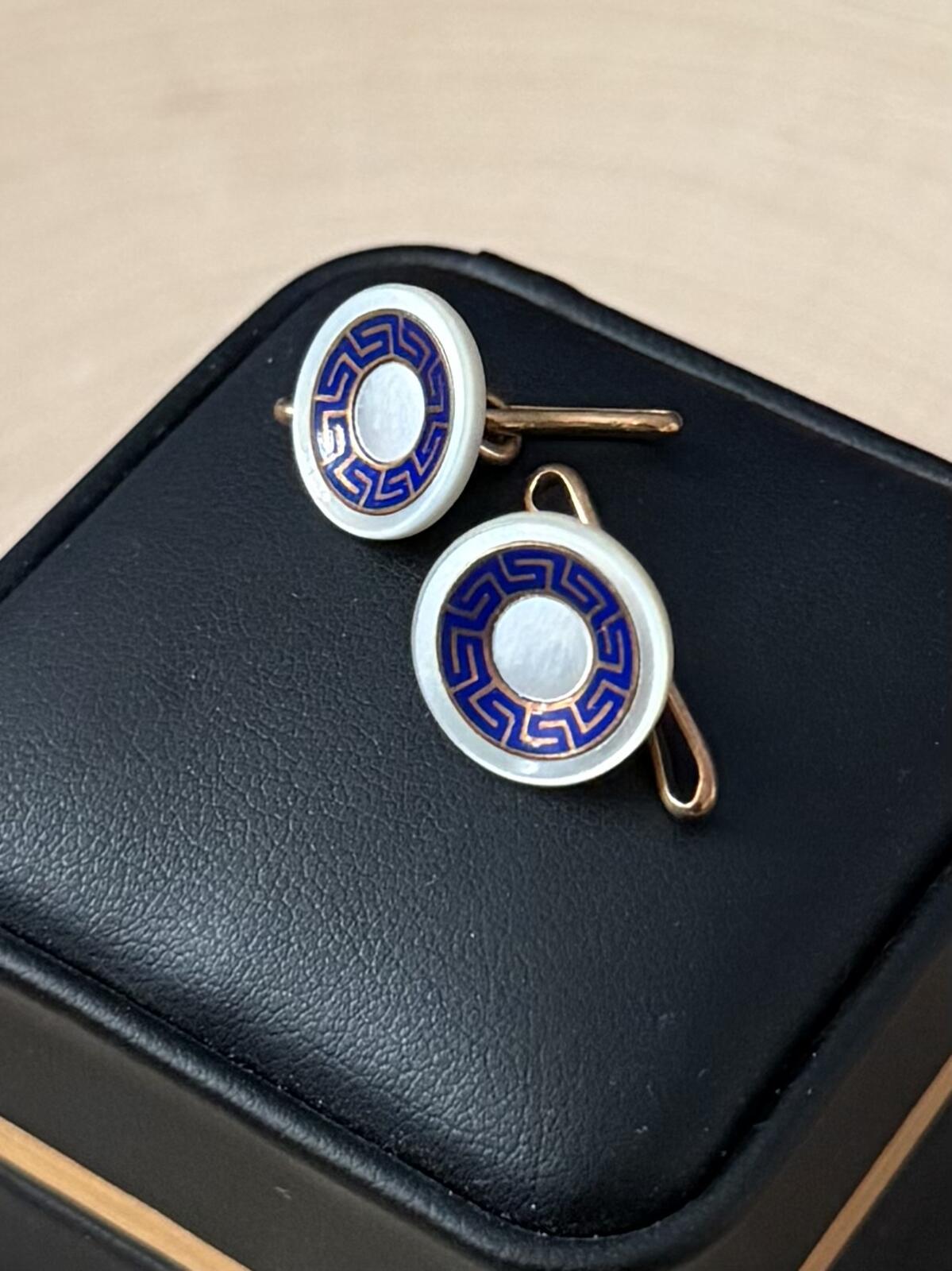 Antique 14K Yellow Gold Blue Enamel Greek Key Round Mother of Pearl Cufflinks