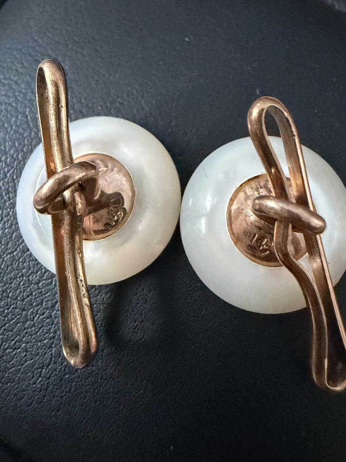 Antique 14K Yellow Gold Blue Enamel Greek Key Round Mother of Pearl Cufflinks