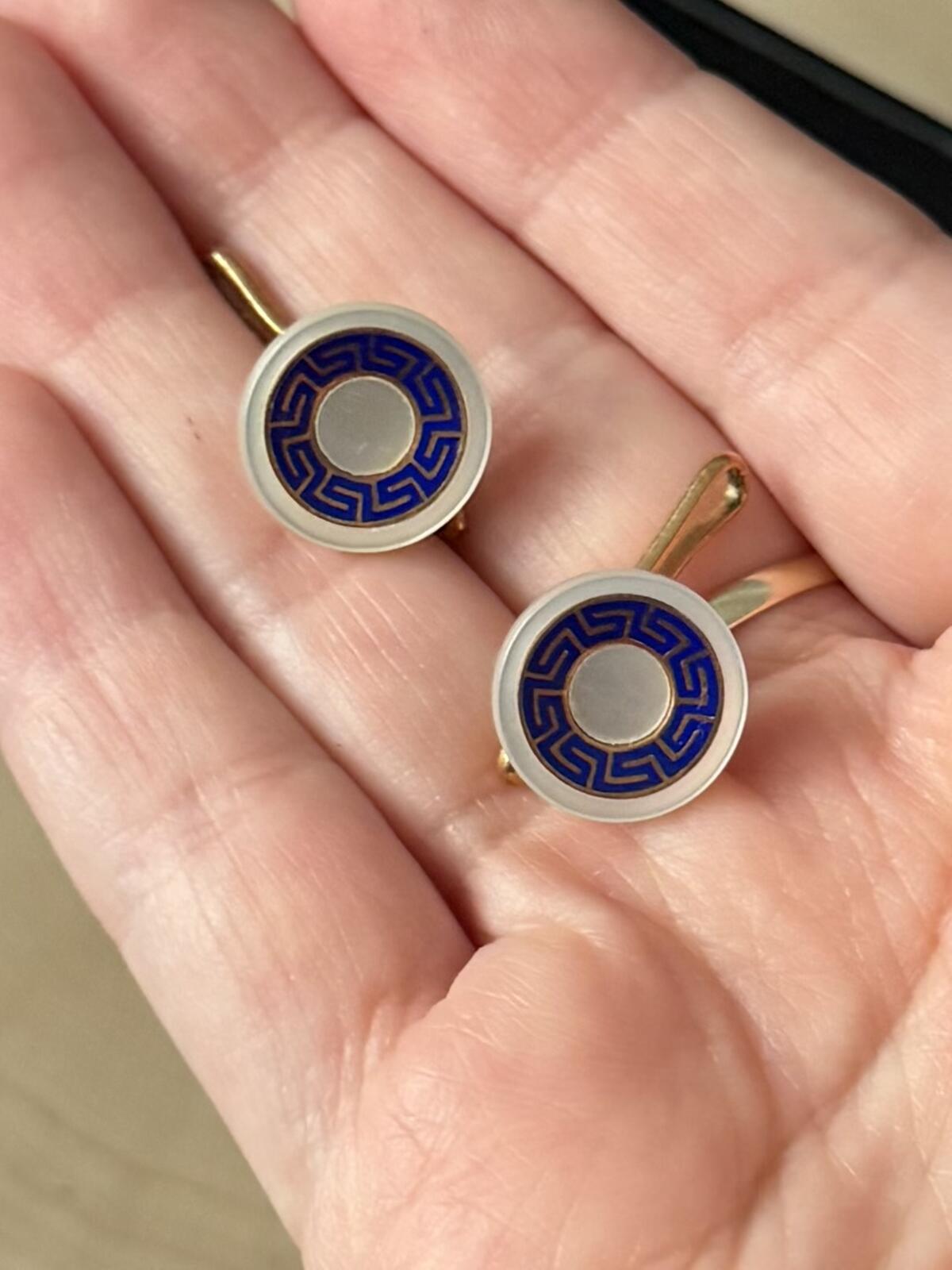 Antique 14K Yellow Gold Blue Enamel Greek Key Round Mother of Pearl Cufflinks