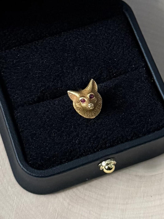 Antique Solid 14K Yellow Gold Genuine Faceted Ruby Eyes Fox Head Lapel Pin