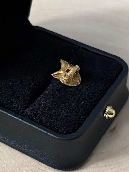 Antique Solid 14K Yellow Gold Genuine Faceted Ruby Eyes Fox Head Lapel Pin