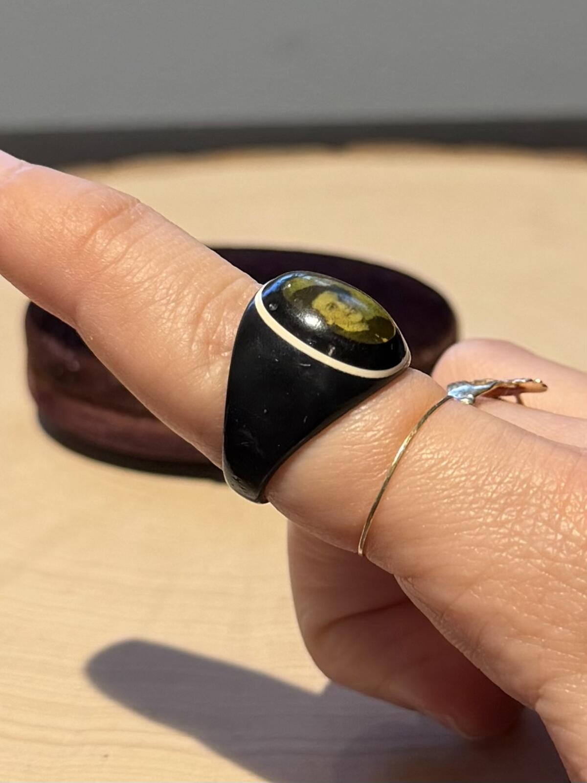 1930s Folk Art Prison Ring Black Celluloid Sweetheart Portrait US 6.25