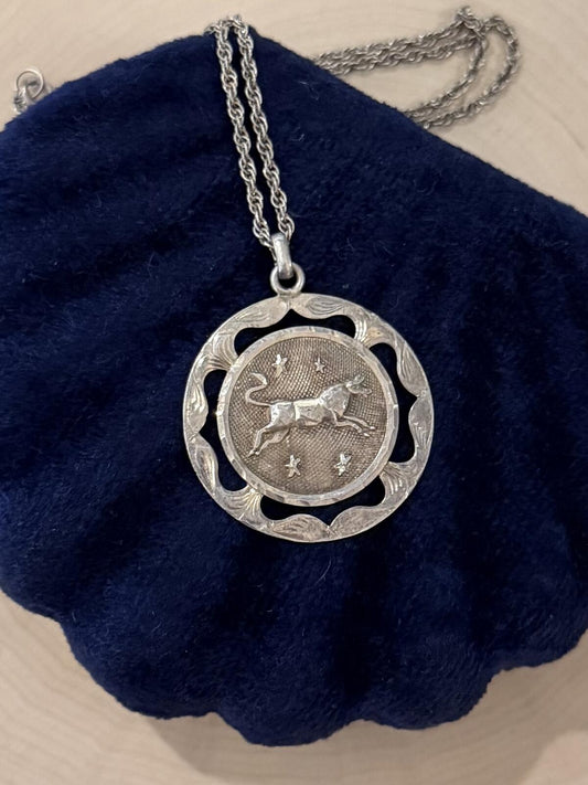 Vintage Taxco Mexico Sterling Silver Taurus Bull Zodiac Pendant Necklace 23.75"