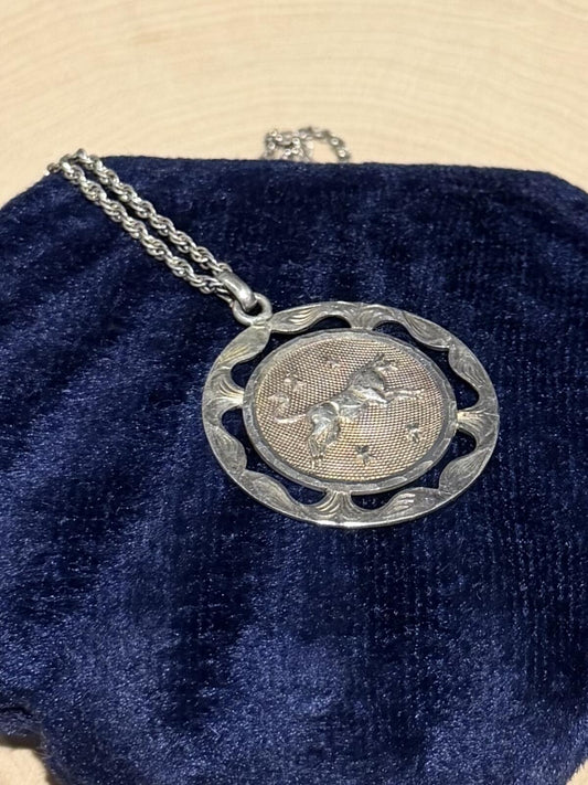 Vintage Taxco Mexico Sterling Silver Taurus Bull Zodiac Pendant Necklace 23.75"