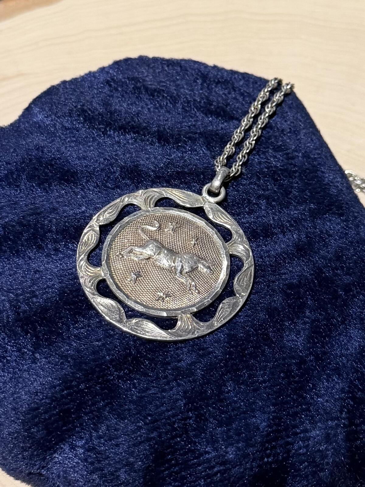 Vintage Taxco Mexico Sterling Silver Taurus Bull Zodiac Pendant Necklace 23.75"