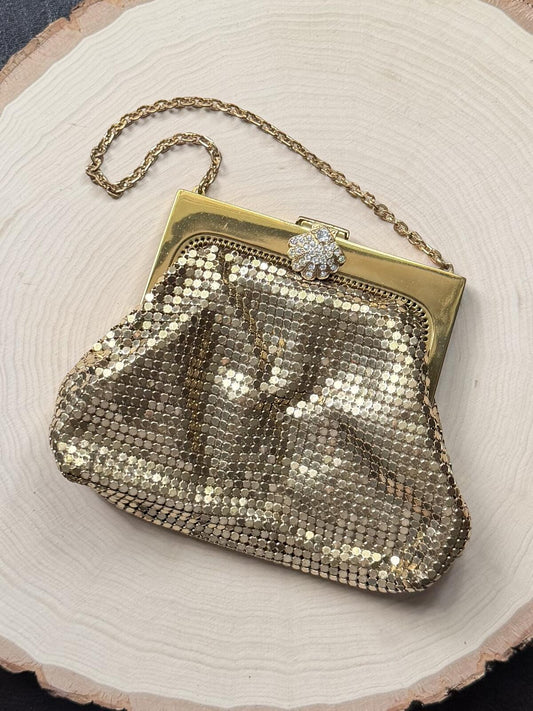 1940s Whiting & Davis USA Gold Tone Mesh Evening Purse Rhinestone Clasp