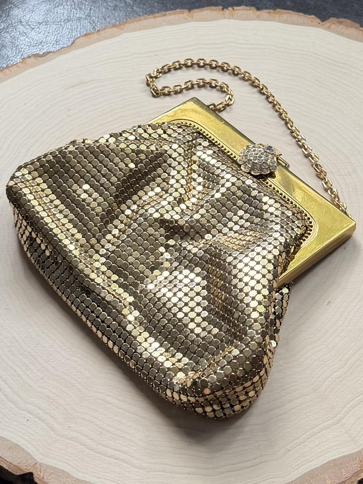 1940s Whiting & Davis USA Gold Tone Mesh Evening Purse Rhinestone Clasp