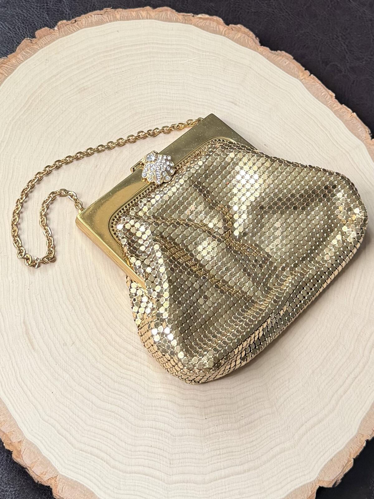 1940s Whiting & Davis USA Gold Tone Mesh Evening Purse Rhinestone Clasp