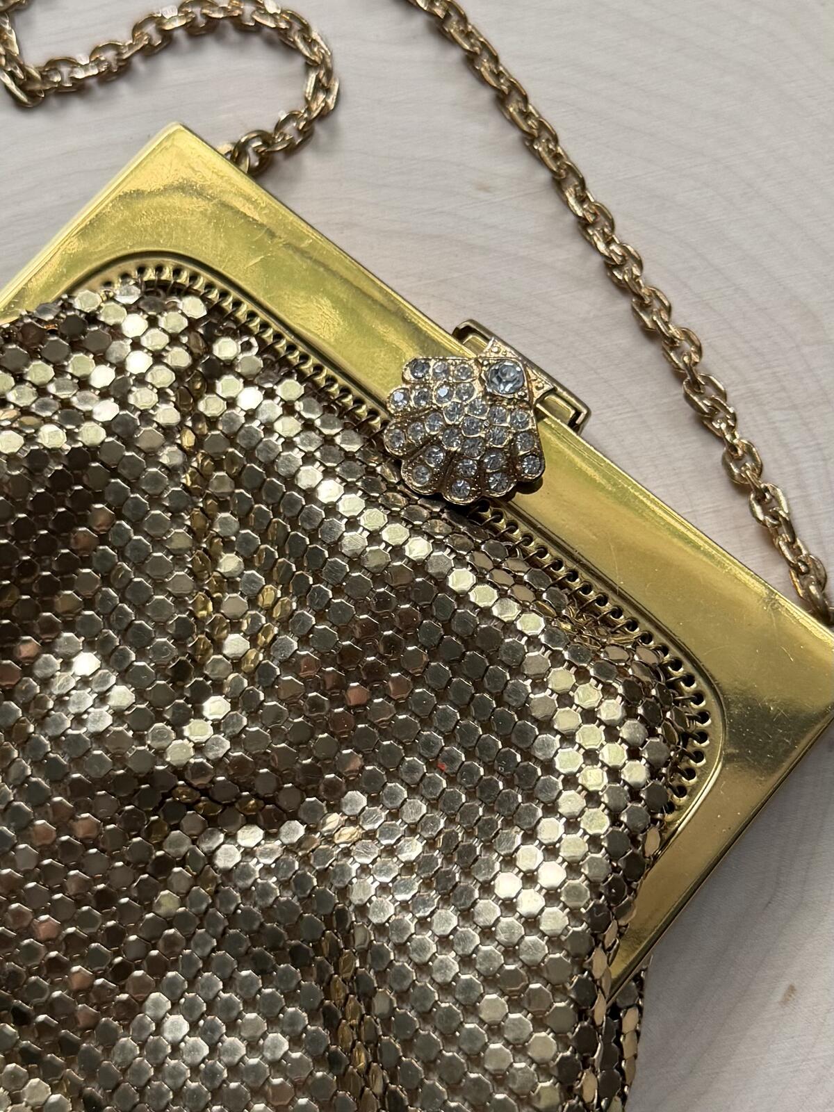 1940s Whiting & Davis USA Gold Tone Mesh Evening Purse Rhinestone Clasp