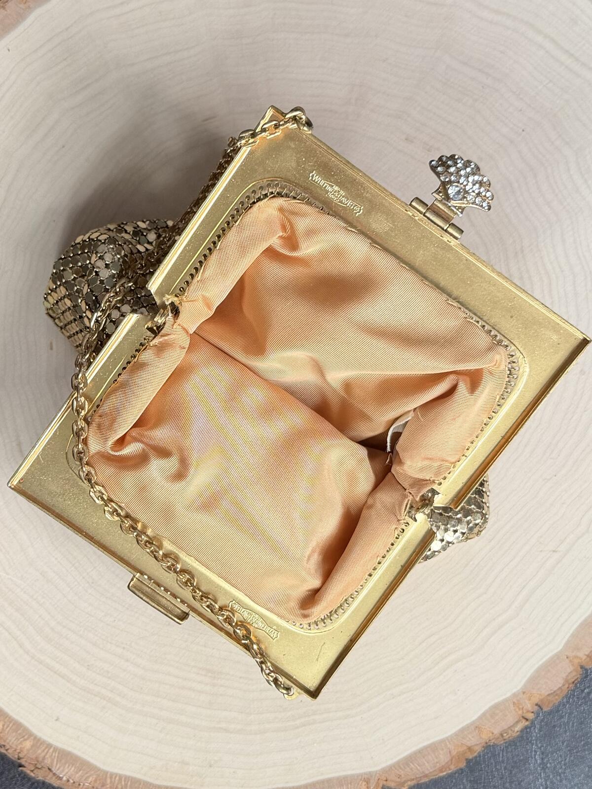 1940s Whiting & Davis USA Gold Tone Mesh Evening Purse Rhinestone Clasp