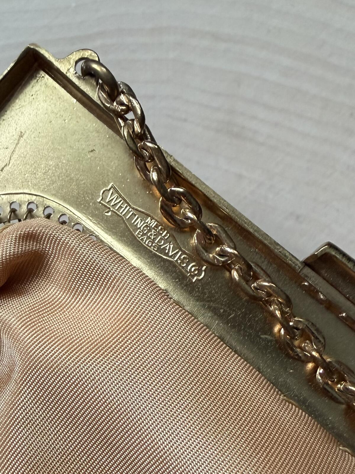 1940s Whiting & Davis USA Gold Tone Mesh Evening Purse Rhinestone Clasp