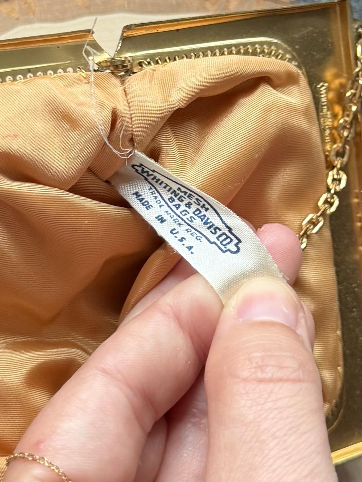 1940s Whiting & Davis USA Gold Tone Mesh Evening Purse Rhinestone Clasp