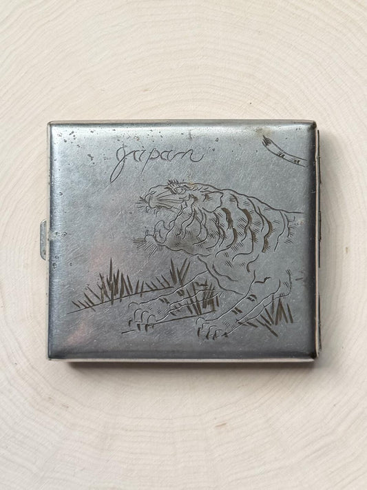 1940s Hand Engraved Japan Tiger Aluminum Cigarette Case WWII Militaria