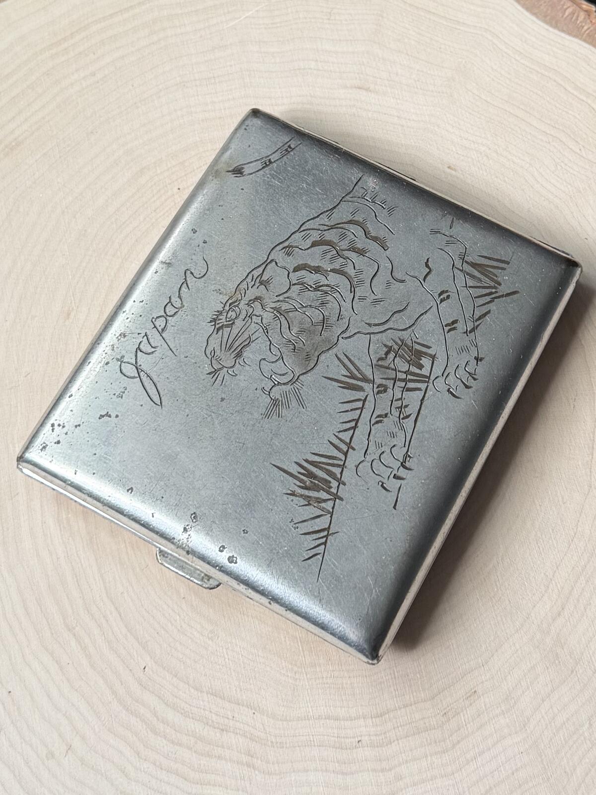 1940s Hand Engraved Japan Tiger Aluminum Cigarette Case WWII Militaria
