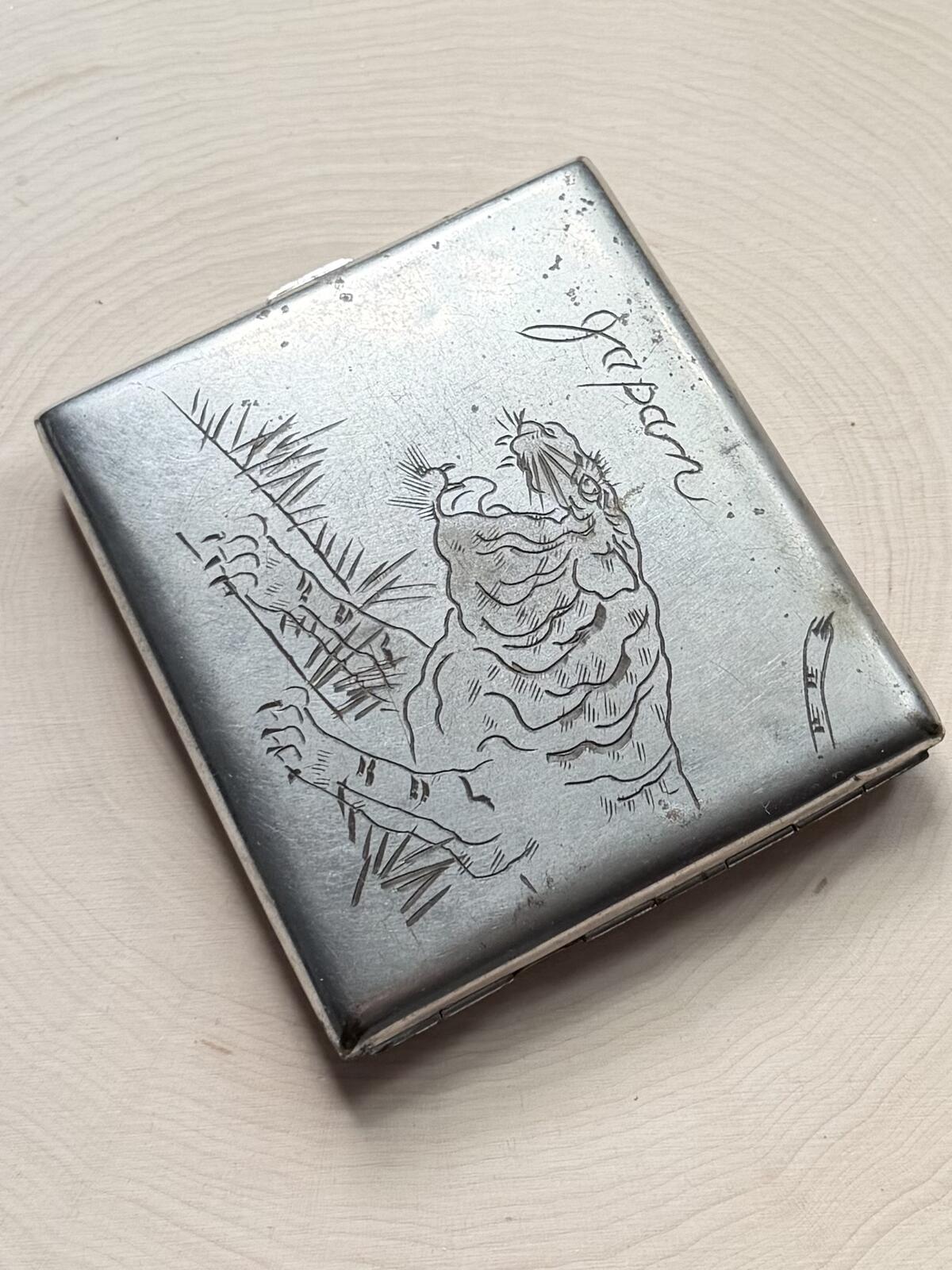 1940s Hand Engraved Japan Tiger Aluminum Cigarette Case WWII Militaria