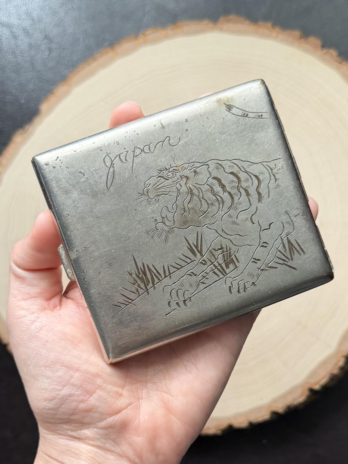 1940s Hand Engraved Japan Tiger Aluminum Cigarette Case WWII Militaria