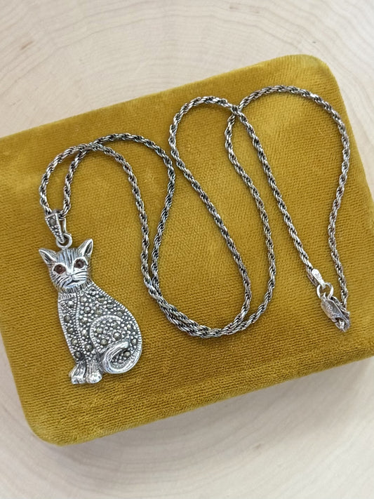 Vintage Sterling Silver Marcasite Cat Garnet Eyes Pendant Necklace