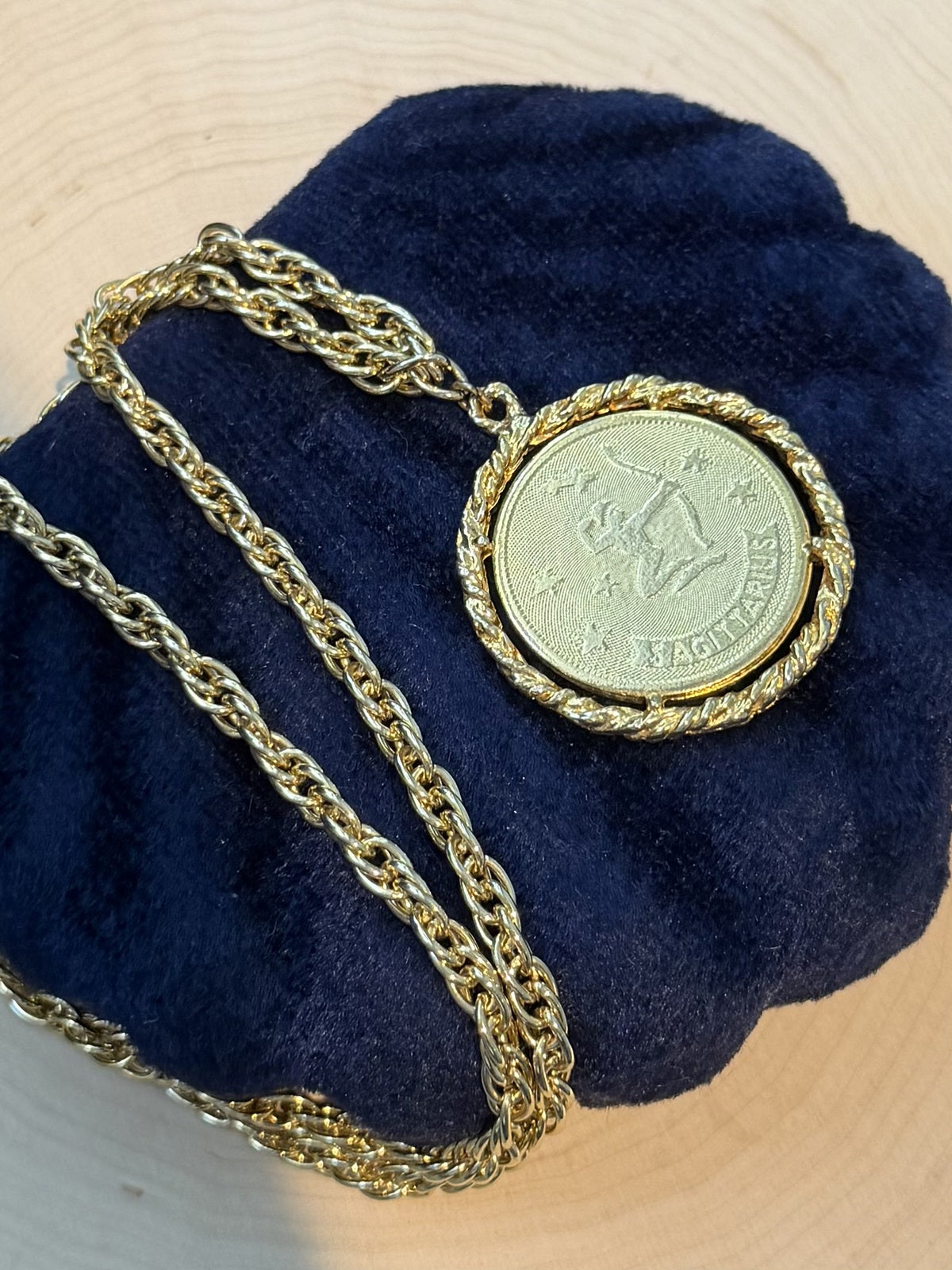 1960s 1970s Midcentury Gold Tone Sagittarius Archer Zodiac Necklace 24"