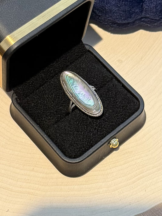 Vintage Taxco Mexico Sterling Silver Oval Abalone Shell Split Shank Ring US 7.25