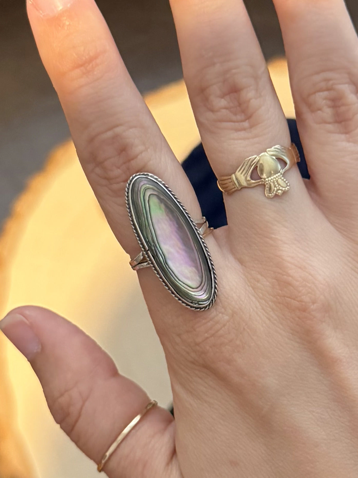 Vintage Taxco Mexico Sterling Silver Oval Abalone Shell Split Shank Ring US 7.25