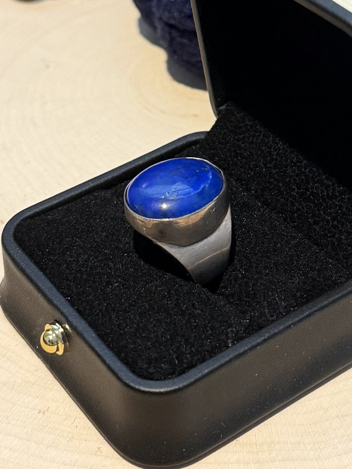 1970s Midcentury Sterling Silver Lapis Lazuli Modernist Statement Ring US 6.5